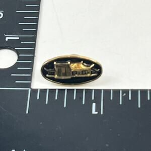 Vintage Taiwan Temple Enamel Lapel Pin Black Gold Oval Shaped Religious Scene